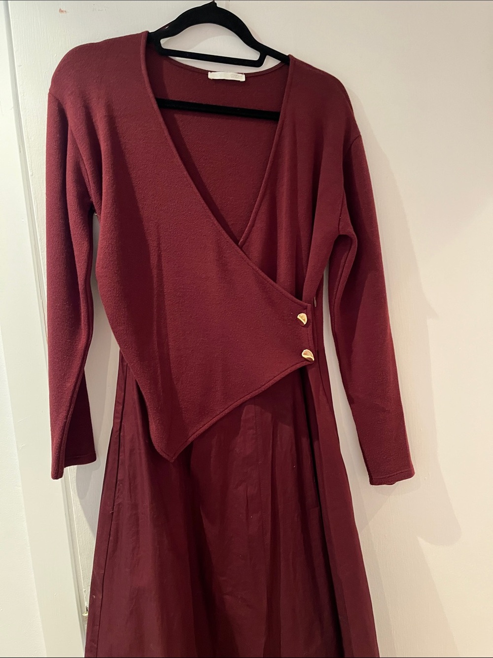 Zara Women's Wrap-Style Burgundy Dress with Gold Accent